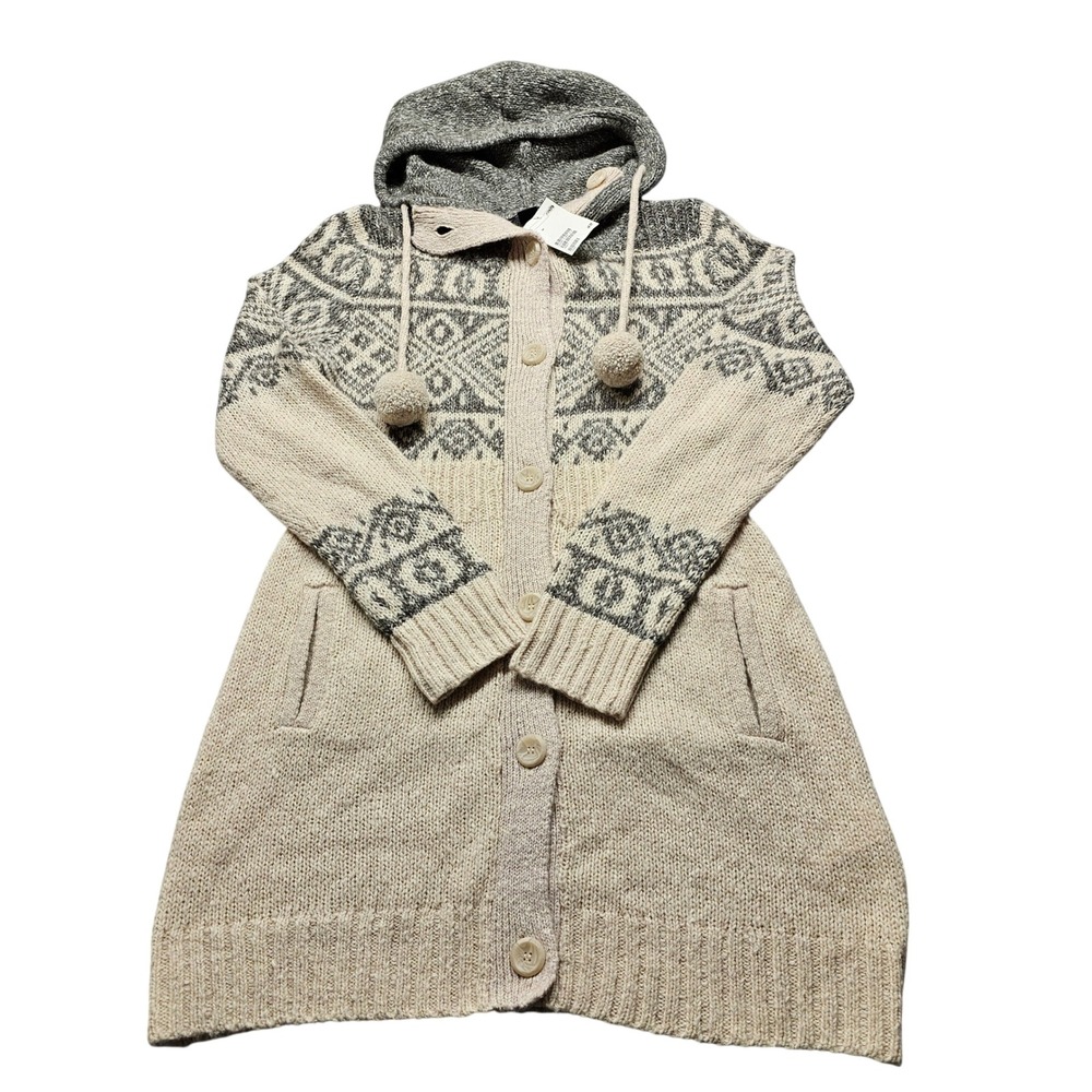 NWT H&M Hooded Fair Isle Cardigan Sweater Womens‎ Size M Beige Longline Pom Pom